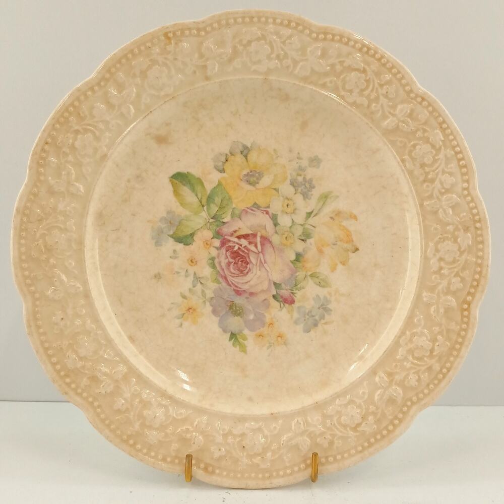 Vintage Edwin M Knowles Floral Embossed Dinner Plate Shabby Cottage Chic USA